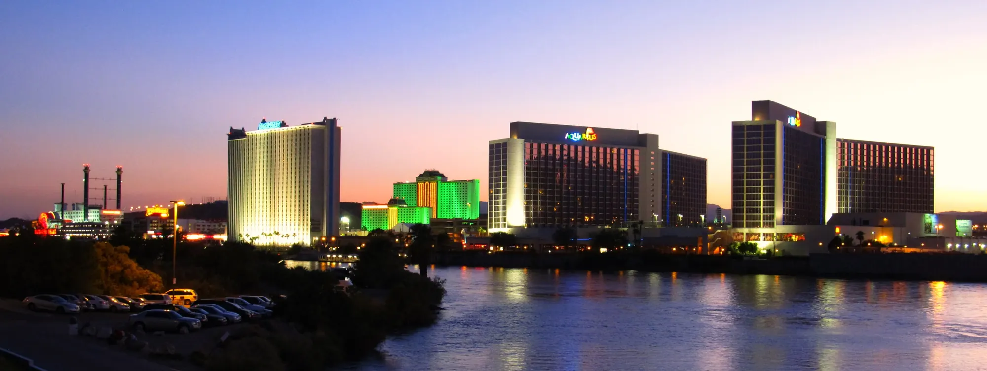 The Laughlin, Nevada resorts lit up along the Colorado River at dusk